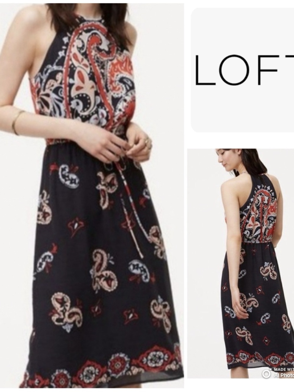LOFT Black Red and Cream Paisley Halter Midi Dress